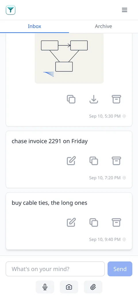 The inbox on a phone: a photo of a whiteboard, a voice note with its scrubber, and two typed lines, newest at the bottom.