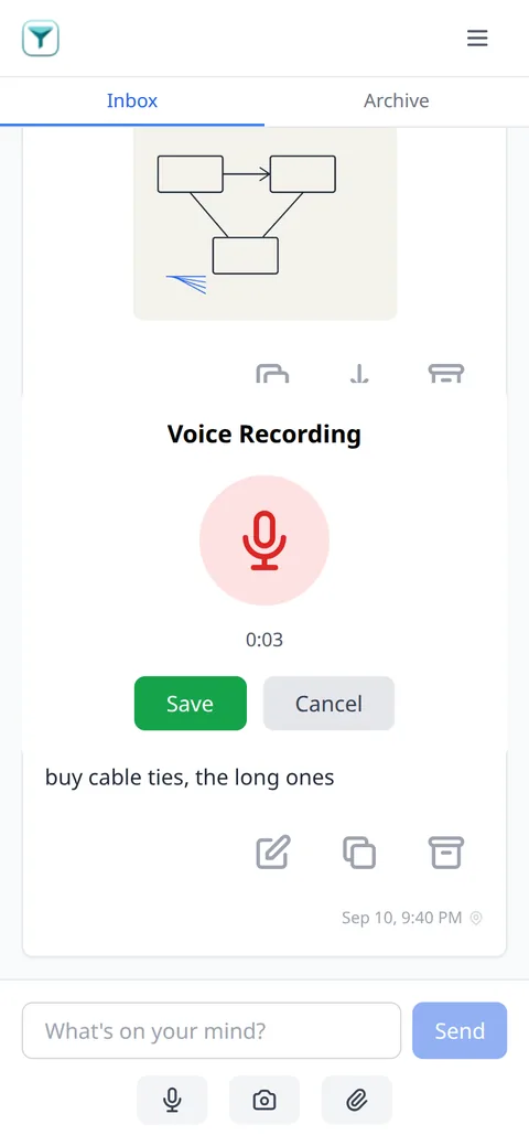 The voice recorder open mid-take, the timer reading three seconds, with Save and Cancel below it.