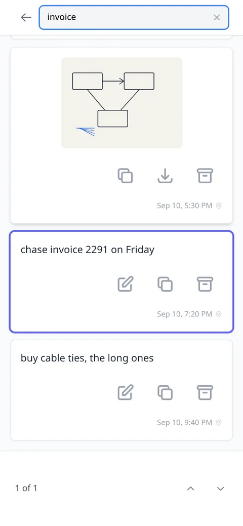 The header replaced by a search box reading invoice, the matching entry outlined, and a one-of-one counter at the foot.